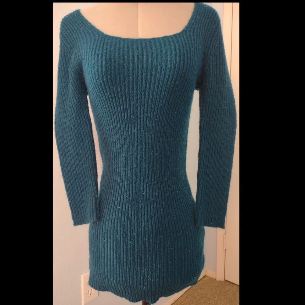 Xhiliration - S - Teal Sweater Dress - Scoop Neck - Long Sleeves - Mini Length